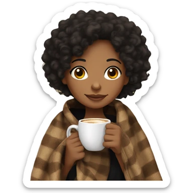 Light brown skin black curly hair Girl drinking coffee, with a cozy blanket sticker