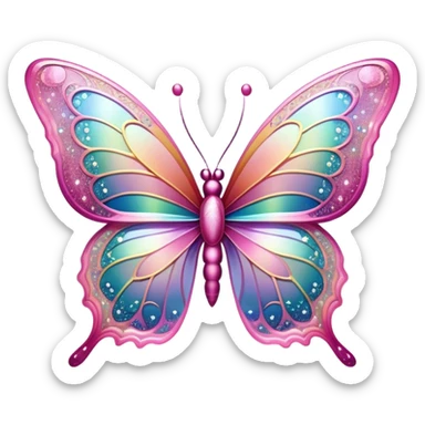 Pastel sparkly pink glittery iridescent rainbow transparent butterfly with detailed intricate patterns sticker