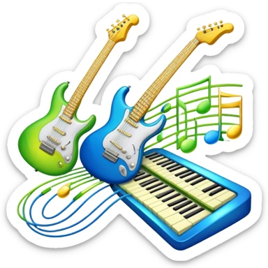 Create an artistic and vibrant emoji that represents music arrangement and orchestration. The design should feature musical notes, a synthesizer, drums, and an electric guitar, symbolizing the fusion of different instruments in an arrangement. Include subtle details like flowing lines to represent harmony between instruments, and integrate sheet music in the background. Use a dynamic mix of colors like electric blue, neon green, and gold to evoke both the classical and modern elements of music. The background should be transparent, with elements that show the blend of creativity and musical structure. sticker