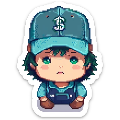 pixel art of a navy blue and teal green dump truck, wearing a Mariners baseball cap, cute expression sticker