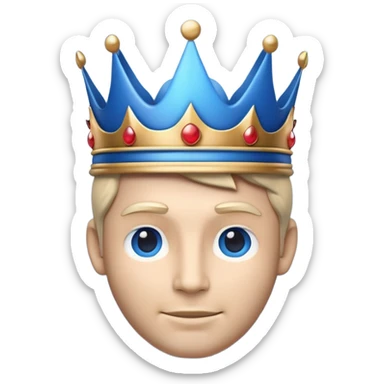 Apple-style emoji of a male face with a large, smooth blue crown. The crown must have no details at all — no relief, no gems, just the clean shape of the crown. Crown should remain visually prominent with a flat front area for a small logo. 3D-like style with soft gradients and shadows sticker