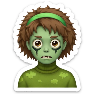 brown fluffy haired green zombie with turtleneck sweater and hair band sticker