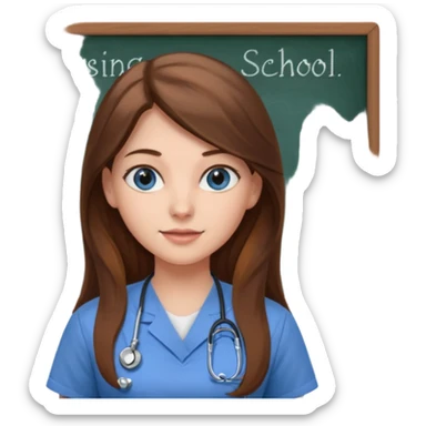 university classroom that says nursing school on the blackboard with a pretty female nursing student with long brown hair, blue eyes sticker