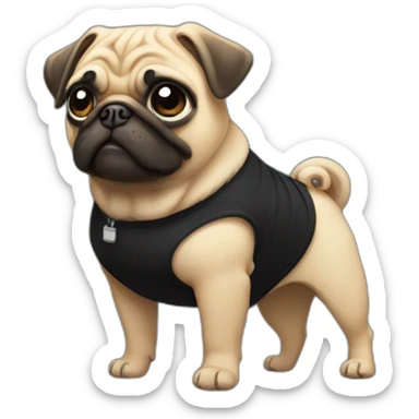 pug wearing a black t-shirt sticker