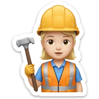 toddler wearing oversized construction helmet and safety vest holding tiny hammer, 3D emoji style sticker