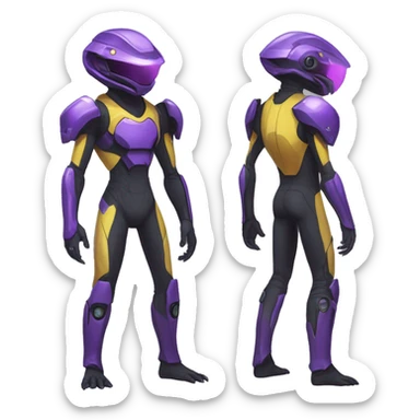 a shiny black-purple-yellow Genesect-Raptor-Fakémon—hybrid with a futuristic visor-helmet full bod sticker