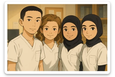 Four nursing students working together in a care station, all wearing short-sleeved white medical tunics with V-neck collars and left chest pockets, no collar stand or stethoscopes, no clothing extending beyond sleeves. The four students are inspired by the four provided faces, in a warm and professional atmosphere, Ghibli style. sticker