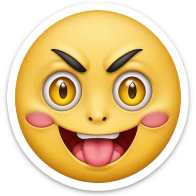 A yellow round face emoji smirking with its tounge out but the eyes are evil and kind of crazy and only one eyebrow is raised higher than the other sticker