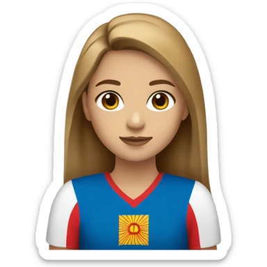 A girl with light brown hair and hazel eyes holding a Montenegro flag sticker