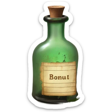 Mysterious Alchemical vintage glass potion bottle, exquisite bottle shape, old and shabby, with label, stylish and minimalistic, brown and shabby-green, oil potion is poured out of the bottle, herbal, flowers and oil is spilled next to it sticker