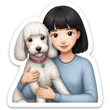 A girl with short black hair and bangs happily hugs a white Bedlington terrier sticker