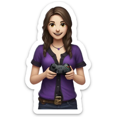 Brown haired gothic country gaming girl smiling holding a purple Xbox controller sticker