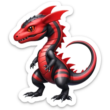 Cute Shiny striped black and red iridescent Guilmon-Salandit-Fakémon-hybrid-creature (full body)  sticker