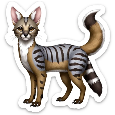 Realistic patterned marked edgy greyish blackish whitish silvery coppery Shiny Colorful Glossy Genet-Caracal-Cabbit-Lion-Bobcat-fusion-animal-hybrid-creature, full body, big-tufted-bat-ears, long-thin-tufted-white-tipped-tail sticker