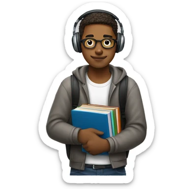 A university student holds books and textbooks in his left hand, headphones in his right hand

 sticker