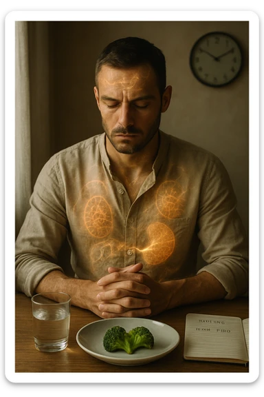 A cinematic close-up of a focused man in his mid-30s with slight beard and tired but determined eyes, sitting alone at a simple wooden table with an untouched plate of food in front of him. His hands are clasped, fingers interlocked in a meditative position over his lower abdomen, symbolizing willpower and internal balance. He wears a lightweight natural fiber shirt, sleeves rolled up. The lighting is soft and natural, early morning light coming from a nearby window. Around him, visual cues of cellular regeneration — faint glowing patterns subtly overlaying his body, especially near the liver, gut, and brain, suggesting autophagy and deep healing. The room is minimalist: a glass of water, a notebook with fasting hours, and a clock in the background ticking calmly. The tone is serene, intentional, and deeply introspective. Shot in 35mm cinematic style, warm highlights and clean shadows. sticker