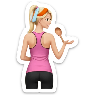 Render from knees up, view from the back, fair skinned woman, thin, long blond hair, cooking dinner in kitchen, pink loose tank top, showing natural B cup breast shape SFW, black yoga pants, perfect booty, looking back sticker