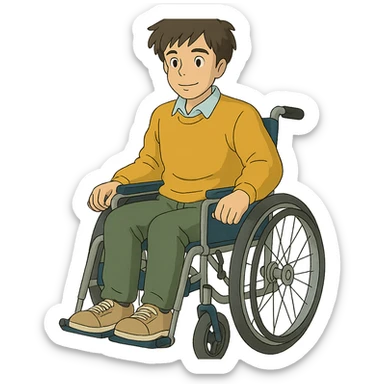 ghibli style illustration of a man with a physical disability, such as using a wheelchair sticker
