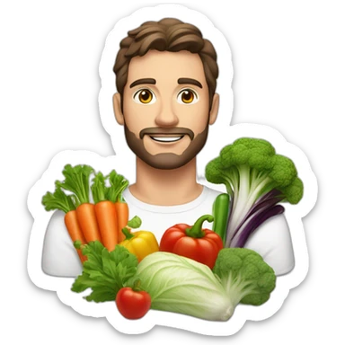 white sking men qith mid brunette hair and a lot of vegetables and a perfum sticker