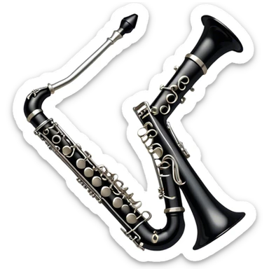 Create an elegant and detailed emoji representing a clarinet. The design should feature the sleek, black wood finish of the clarinet with its shiny metal keys clearly visible. Highlight the intricate details, such as the bell at the end and the carefully crafted mouthpiece with the reed. Use black wood tones for the body of the instrument and silver or brass accents for the keys. Add subtle musical notes or soundwaves floating around the instrument to evoke the smooth, melodic sound of the clarinet. The background should be transparent. sticker