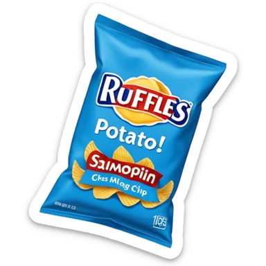 Draw a Ruffles chip bag in blue packaging with ridged potato chips spilling out. sticker