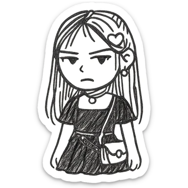 K-pop inspired gothic girl, hand drawn sketch style, moody expression, black dress, trendy accessories sticker