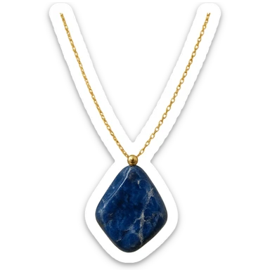 delicate gold chain necklace with an irregular polished deep blue stone, natural white and gray marbled patterns, asymmetrical shape, small metallic bead, raw yet refined earthy elegance sticker