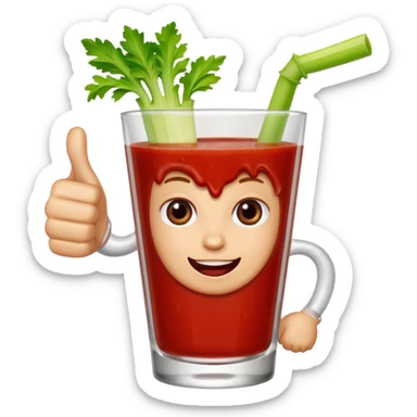 A glass of Bloody Mary with a cartoon hand giving a thumbs up sticker