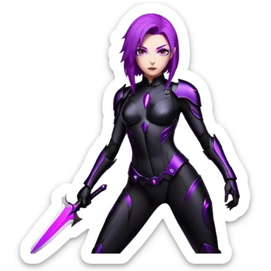 A sleek warrior woman with flowing purple hair, her sharp violet eyes glowing with quiet intensity. She wears a form-fitting black armored suit with smooth, seamless plating, a fusion of high-tech design and elegant minimalism. The matte black surface subtly reflects the dim ambient light, highlighting the streamlined contours of her suit. A slim, obsidian blade rests at her side, its edge barely visible in the soft glow of floating digital glyphs around her. Her expression is poised—calm, calculated, and unwavering, standing against a gradient-lit backdrop, where darkness meets the faintest hint of neon luminescence. sticker