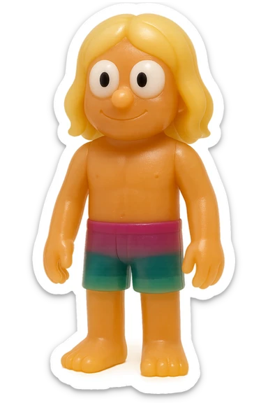 full-body surfer bro, retro 90's toy style, very transparent and slightly see-through, natural tan skin, blonde hair, colorful shorts, large white eyeballs with small black pupils, soft plastic texture, soft reflections, soft and squishy, some cloudiness, not shiny, highly detailed, appealing, no tag, no background sticker