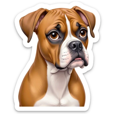 Cinematic Grumpy Fawn Boxer Dog Portrait Emoji, Head tilted slightly with a deeply unimpressed expression, showcasing a robust fawn coat with a prominent white muzzle and chest, large, droopy brown eyes narrowed into an unamused glare, ears slightly drooping in exasperation, Simplified yet comically expressive features, highly detailed, glowing with a dry, sarcastic glow, high shine, effortlessly judgmental yet dignified, stylized with a touch of cynicism, bright but brooding, soft glowing outline, capturing the essence of an eternally unimpressed yet endearing guardian, so lifelike it feels like it could sigh heavily at you in disdain at any moment! sticker