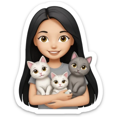 a pretty tan bratz girl with black long straight hair, wearing a grey tshirt smiling and holding 3 white cat\ sticker