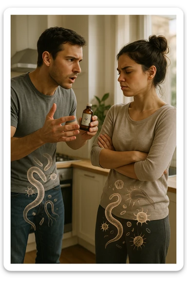 A highly realistic, cinematic photo of a young couple in their early 30s having an argument in a bright modern kitchen. The man, athletic build, wearing a casual T-shirt and jeans, is speaking firmly with a raised hand holding a small amber glass bottle labeled with a subtle herbal symbol, saying 'Andiamo a fare il trattamento antiparassitario' with a determined expression. The woman, with long dark hair tied in a messy bun, casual home outfit, crosses her arms with an angry, defensive expression, replying 'Ti ho detto di no! Io non ci credo!' while slightly turning away. Tension is visible in their body language, with the man leaning forward trying to explain and the woman leaning back, her eyebrows furrowed. Around them, subtle ghostly overlays of microscopic parasites are faintly visible near their abdominal areas, symbolizing the hidden reason for the argument. The kitchen is bright and modern with plants and natural light, contrasting the emotional tension. The style is hyperrealistic with warm tones and shallow depth of field focusing on their facial expressions, illustrating the conflict between belief in natural treatments and skepticism within the couple regarding hidden parasitic infections. in italiano sticker