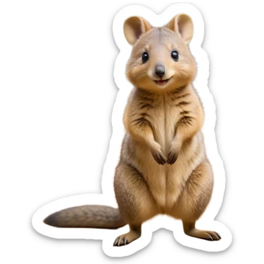 cinematic-quokka wallaby-realistic-full-body-standing on its hind legs hunched over-emoji,-small-round-frame-balanced-on-tiny-strong-hind-legs,giant fluffy cheeks large smile-fluffy-brown-fur-radiating-a-warm-softness,-big-round-eyes-filled-with-joy-and-innocence,-tiny-clawed-paws-held-close-to-chest,-cheerful-smile-exuding-endearing-happiness,-simplified-yet-realistic-focused-features,-highly-detailed,-glowing-with-a-sunny-warmth, skinny tail sticker