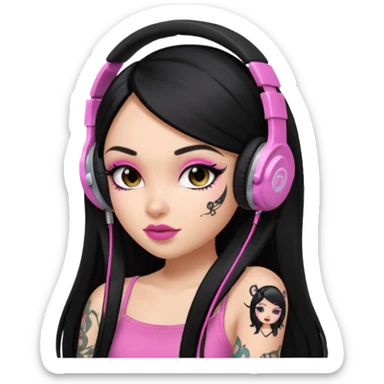 generate a pretty bratz girl with black long straight hair and headphones on, tattoo on shoulder, eyeliner on sticker