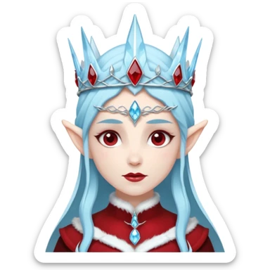 Fantasy elf portrait emoji, icy blue crystal crown with deep red accents, elegant elven features, cold noble winter expression, ice and crimson color palette, minimal clean design, flat readable emoji style, male/female variant sticker