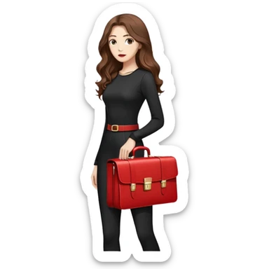 Young woman with long wavy brown hair, wearing black tight-fitting clothes with long sleeves. She is holding a large red briefcase with metallic details. View in profile, neutral facial expression, background is light and minimalistic. The style is modern and elegant. The emoji should convey a sense of confidence and style. sticker