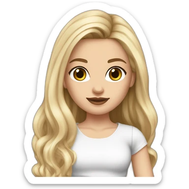 realistic caucasian long blonde hair dark brown eyes woman white crop top gray mini skirt black high heels sticker