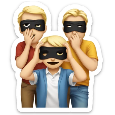 An emoji of three people representing 'see no evil, hear no evil, speak no evil.' One person has their eyes covered with a blindfold, another is covering their ears, and the third is covering their mouth sticker