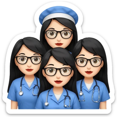 Genera emogis de 4 cuatro enfermeras de cabello negro largo, entre ellas que una tenga lentes y otra un lunar encima de los labios sticker