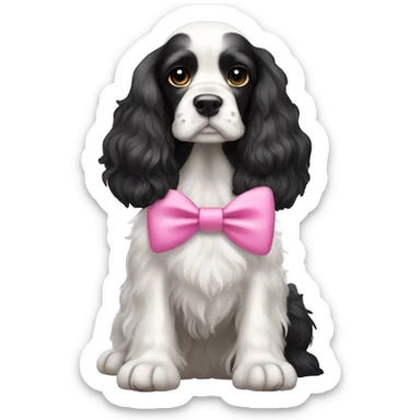 Black and white cocker spaniel wearing a pink bow sticker