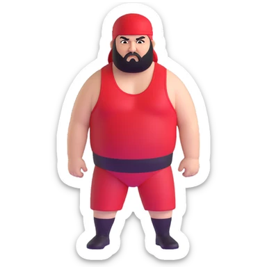 White skin fat guy with prominent black durag, shaved beard stubble, black eyes in a red and black wrestling singlet with angry face sticker