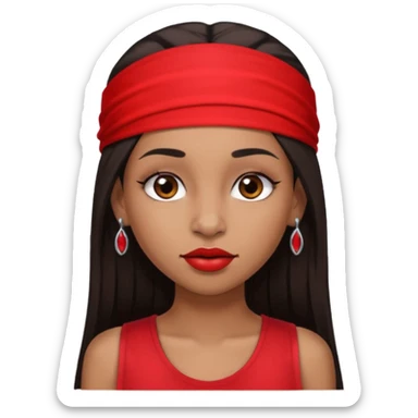 light-skinned black girl with long eyelashes with long strait dark brown hair with edges wearing a red top with no sleeves. and a red accessory on her head with nose and mouth piercings. sticker