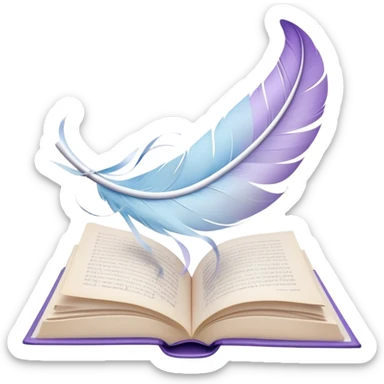 Create a delicate and poetic emoji representing poetry. The design should feature several elegantly flying pages with short poetic columns written on them. The pages should appear light and flowing, almost as if being carried by the wind. Include a white feather gently resting on the pages, symbolizing creativity and inspiration. Use soft, pastel tones like light blues, purples, and creams to give it a dreamy, artistic feel. The design should feel ethereal and whimsical, capturing the essence of poetry. Make the background transparent. sticker