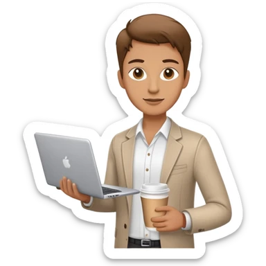 business owner confidently, holding a closed laptop in one hand and a takeaway coffee cup in the other. The character wears casual-smart clothes. sticker