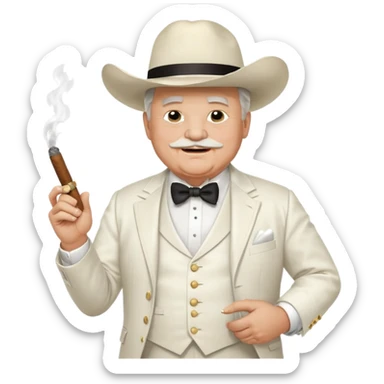 Create an emoji of an older, chubby man wearing an elegant all‑white suit with white waistcoat, white bow tie, and a large white cowboy hat. He is smirking confidently and holding a lit cigar in one hand in front of his chest. The character should look like a greedy, arrogant rich politician. sticker