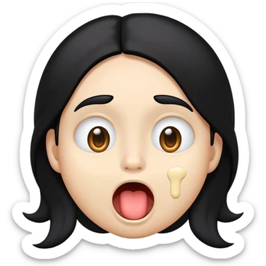 simple emoji, surprised disgusted face, classic, circular, genderless, emoji, 😮, long black hair, goopy white liquid on cheeks, goopy white cream on lips, goopy white cream on tongue, tongue out, eyes shut, >_< face, 😝, 😫 sticker