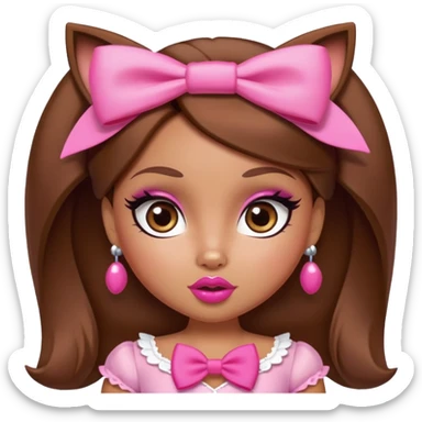 Bratz doll character with brown hair, pink bow, large lips, and almond-shaped foxy eyes sticker