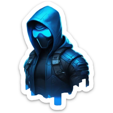 developer behind his laptop with this style : crysis Cyberpunk Riot Games Valorant neon glowing bright blue character blue black hooded assassin themed character sticker