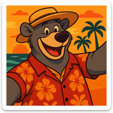 Add a sunhat to Baloo the bear as he takes a selfie with the beach sunset, maintaining the warm and inviting colors and the vibrant flat toon cartoon style. sticker